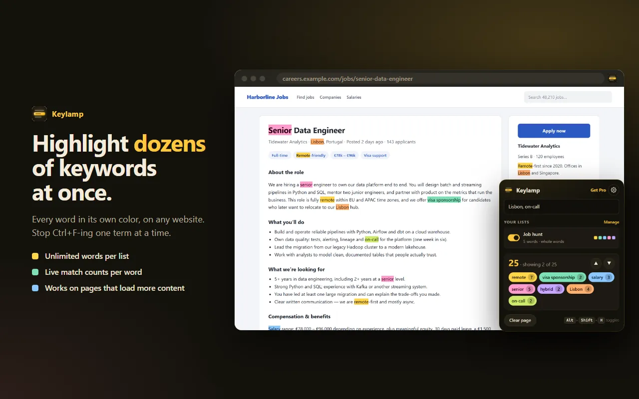 Keylamp highlighting the words senior, remote, Lisbon, visa sponsorship and salary in different colors on a job listing, with a count for each word in the popup