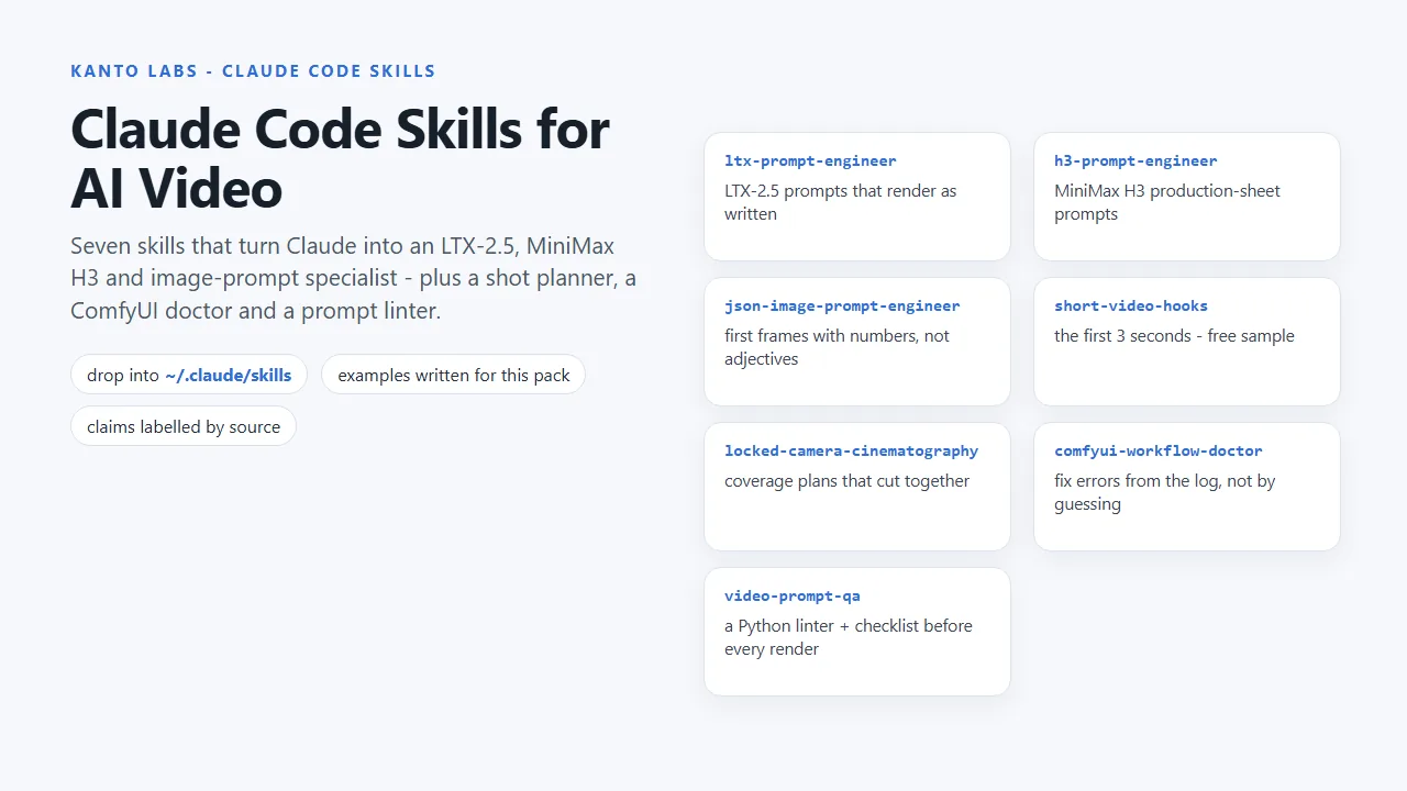 The seven Claude Code skills: ltx-prompt-engineer, h3-prompt-engineer, json-image-prompt-engineer, short-video-hooks, locked-camera-cinematography, comfyui-workflow-doctor and video-prompt-qa